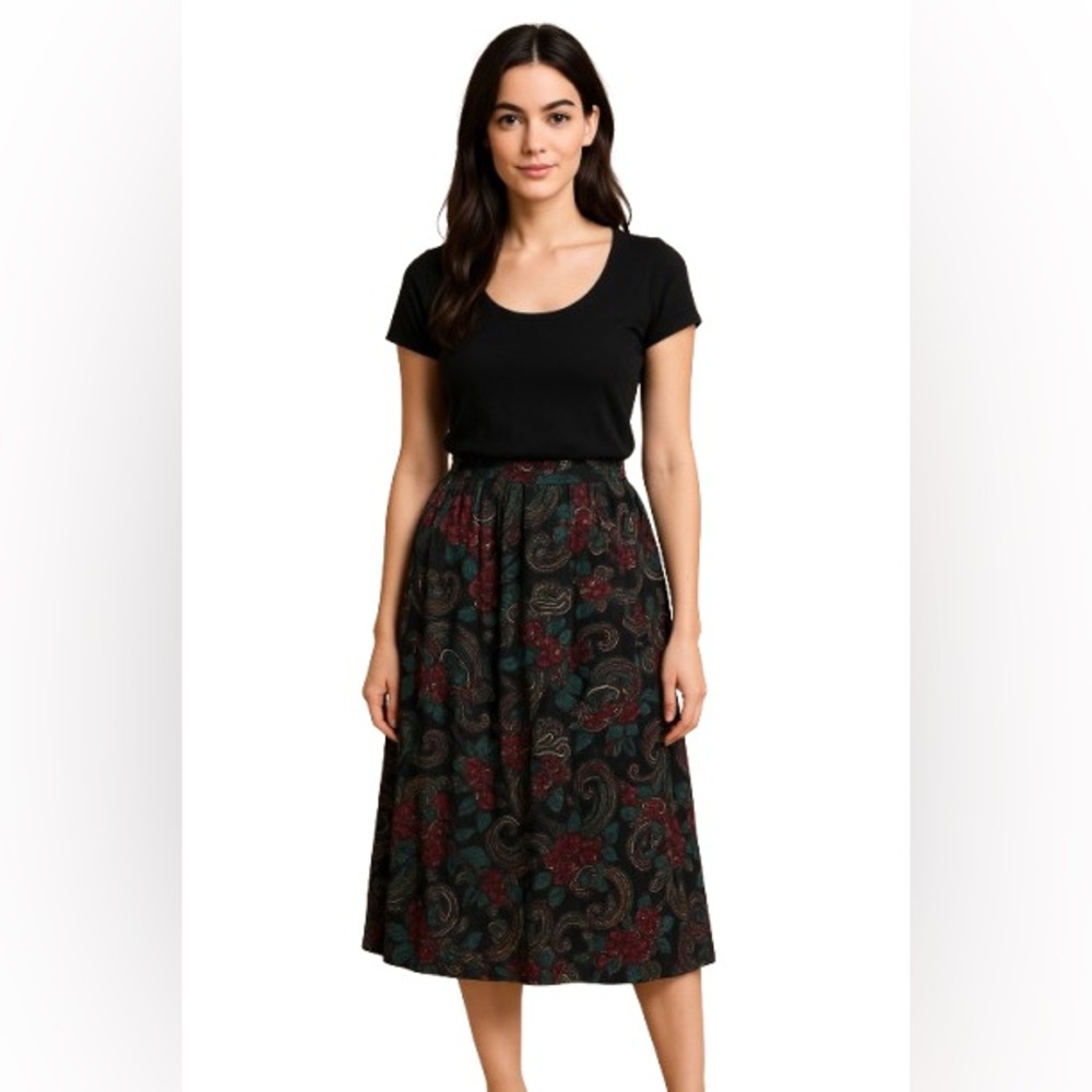 Vintage 90s black paisley n floral midi skirt